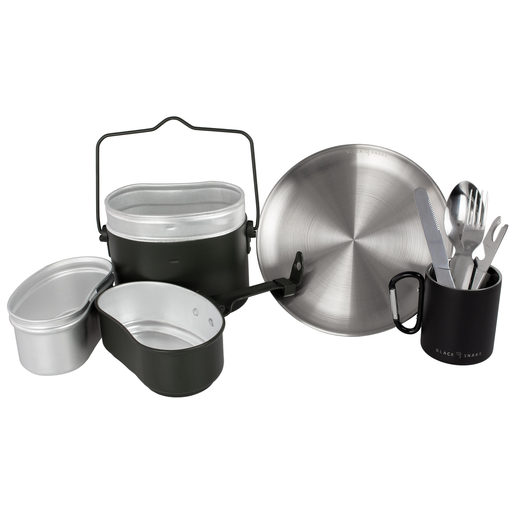 Camping Kochgeschirr, Teller flach, Besteck und Thermotasse Karabinerhaken Set 2/7