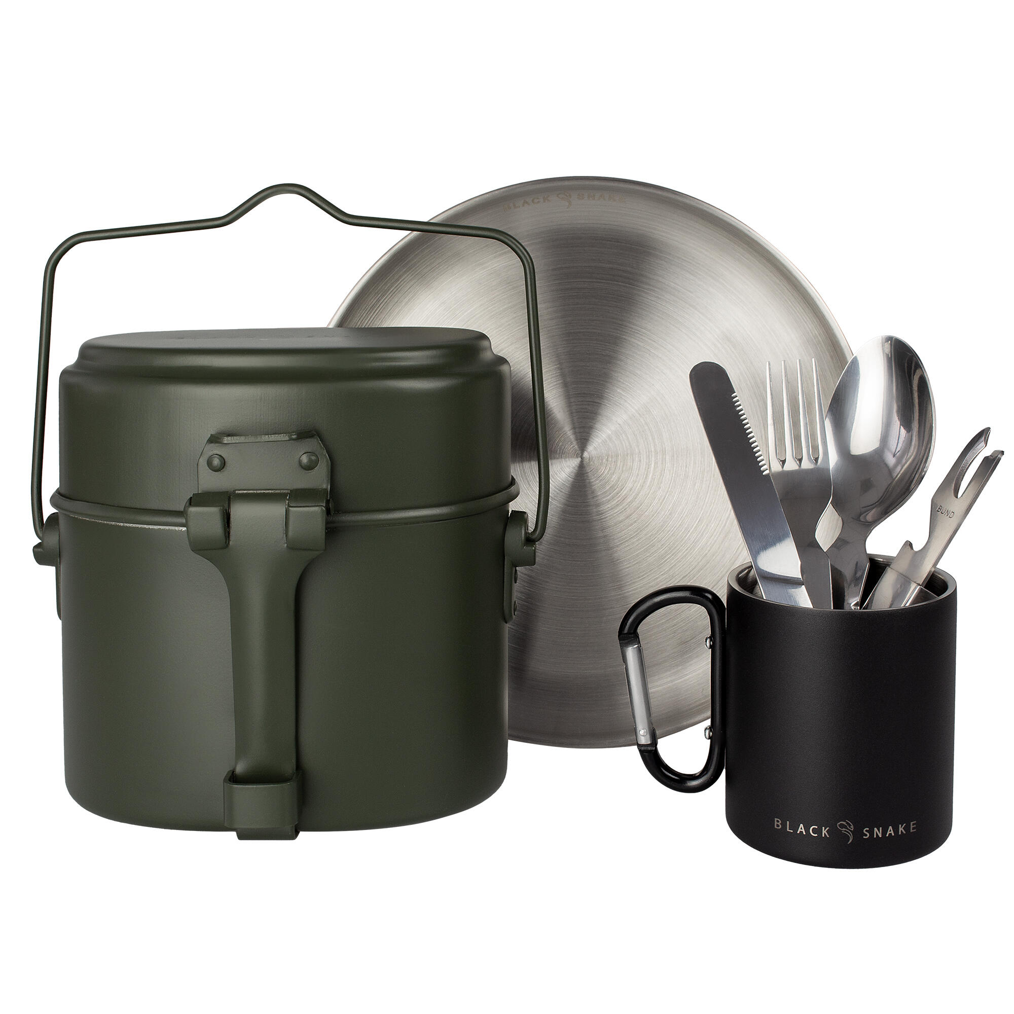 Camping Kochgeschirr, Teller flach, Besteck und Thermotasse Karabinerhaken Set 4/7