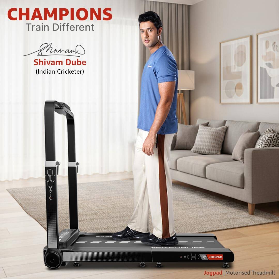 PowerMax Fitness JOGPAD (4HP Peak) Motorized Foldable Treadmill for Home Use with Handle, Remote Control, Max User 120kg, Top Speed 12kmph, Running Deck 1080mmx400mm, Bluetooth, iPad Holder, Speaker -  2