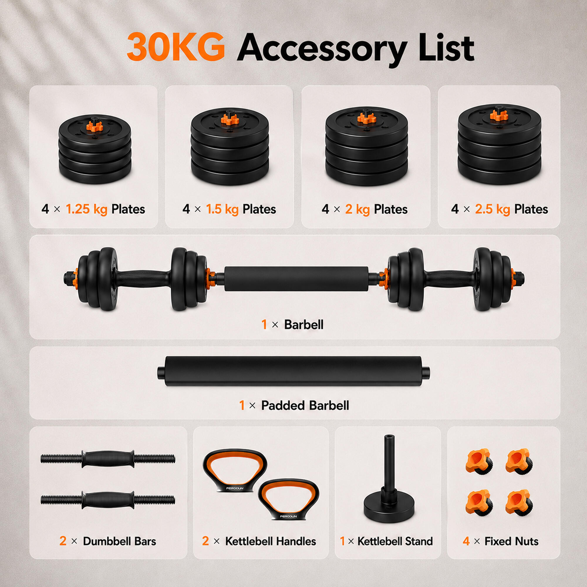Kit de musculação V2 30kg FED: Halteres + Barra + Kettlebell 3/7