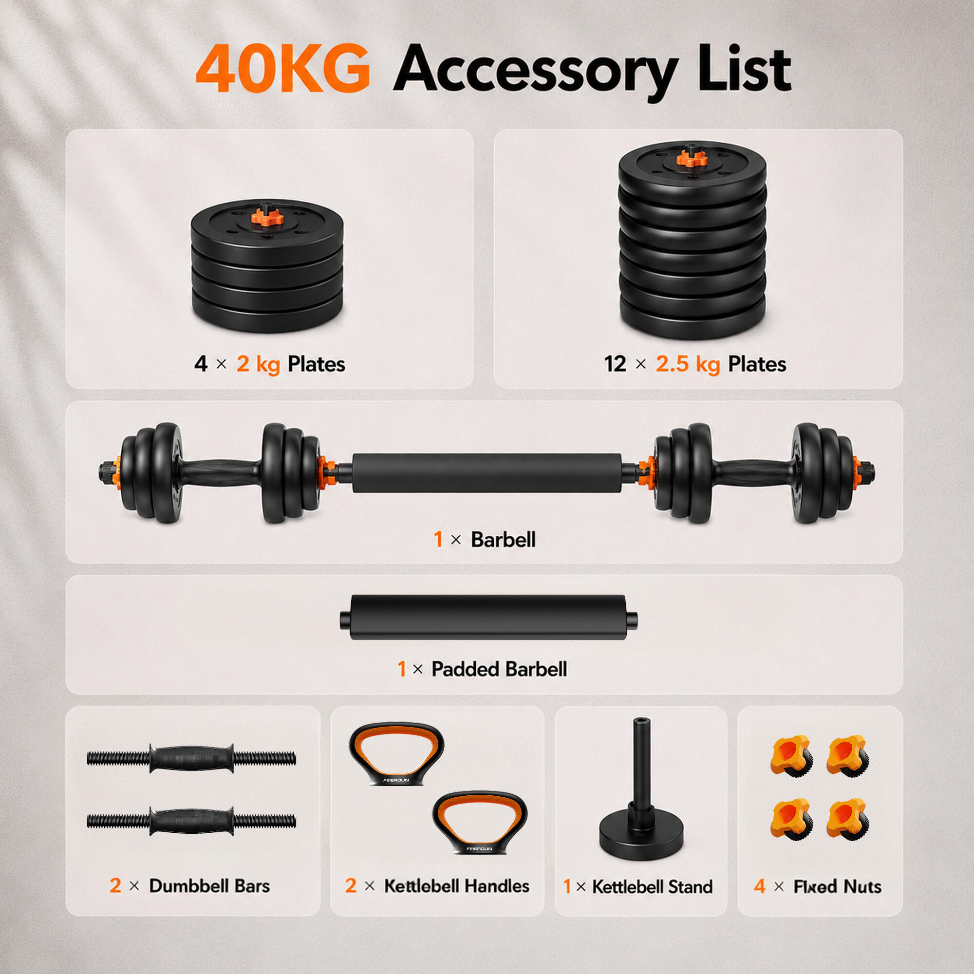 Kit de musculação FED V2 de 40 kg: Halteres + Barra + Kettlebell 3/7