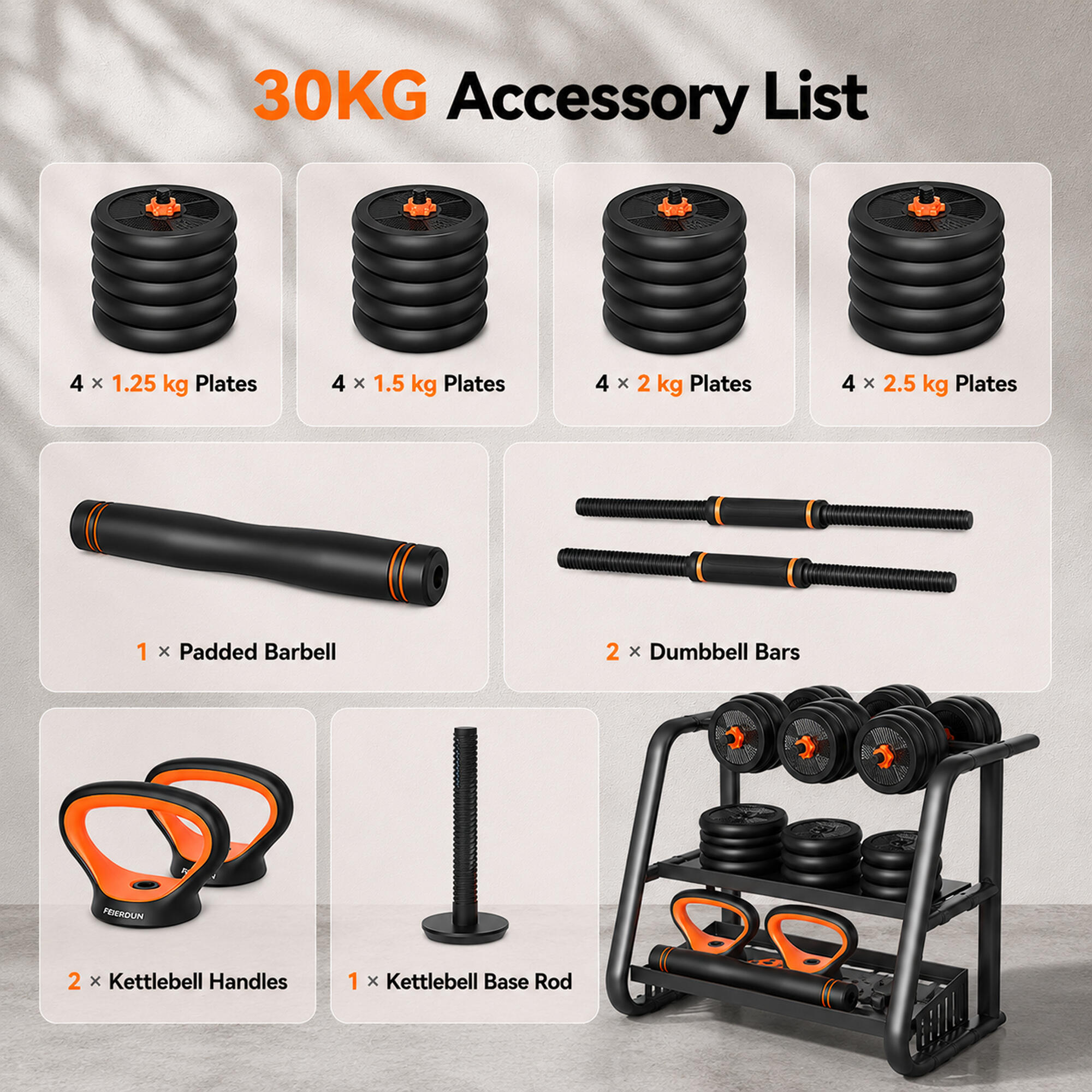 Kit haltère + barre + kettlebell Xiaomi Fed 30 kg 3/8