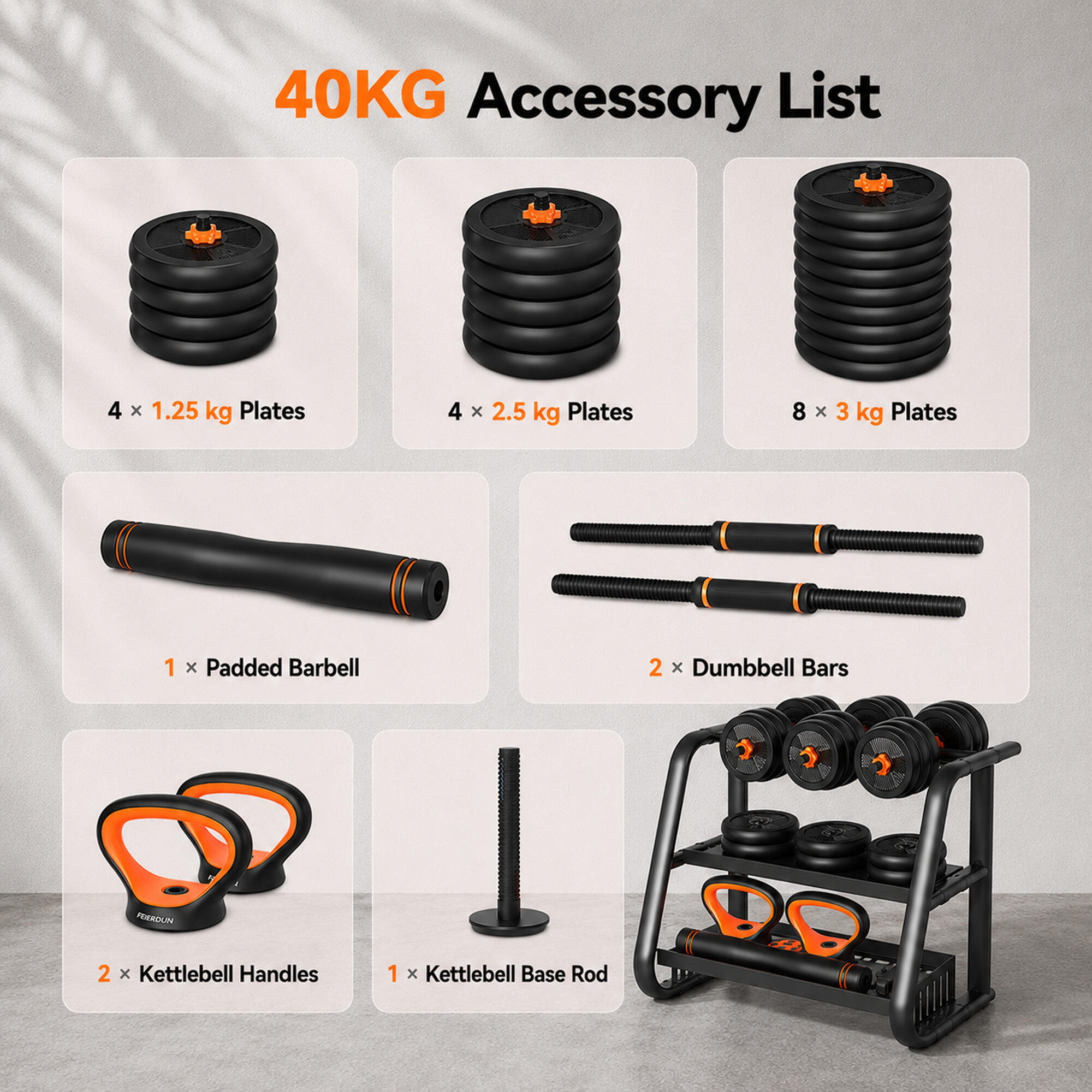 FED-gewichtenset van 40 kg: dumbbells + halterstang + kettlebell 3/8