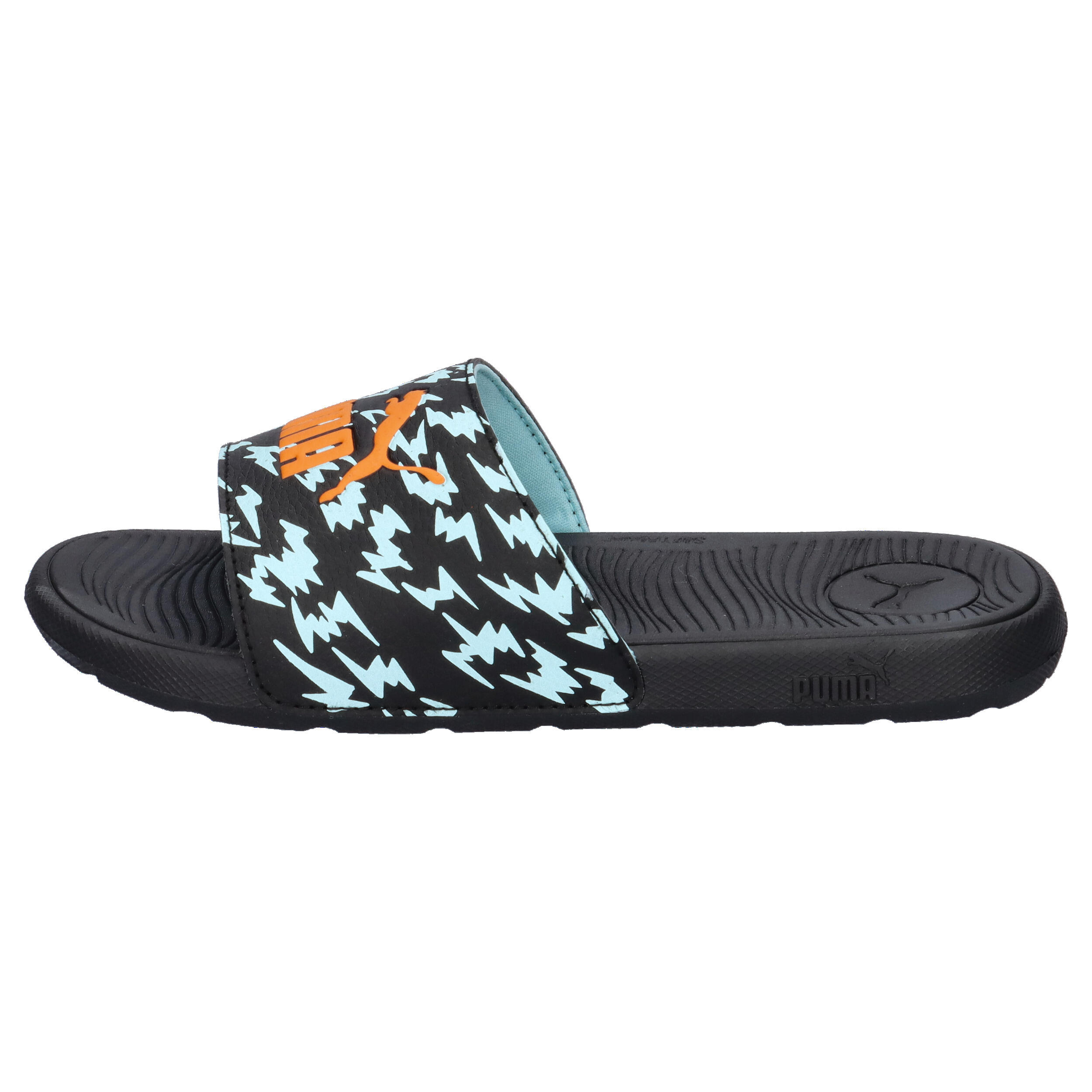 Cool Cat Poised 2 Race Slides Jugendliche PUMA Black Orange Glo Safe Lake Blue 10/15