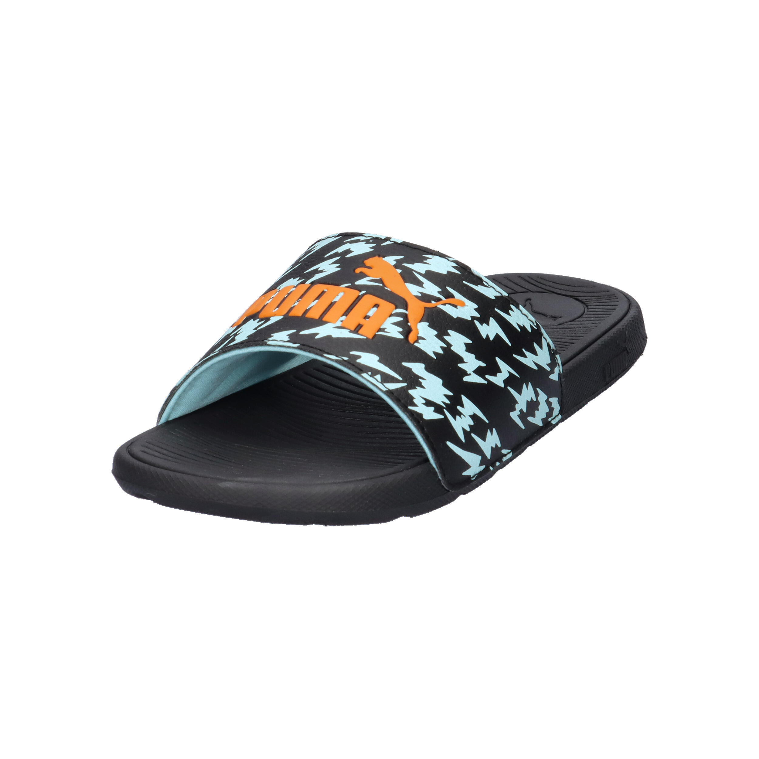 Cool Cat Poised 2 Race Slides Jugendliche PUMA Black Orange Glo Safe Lake Blue 9/15