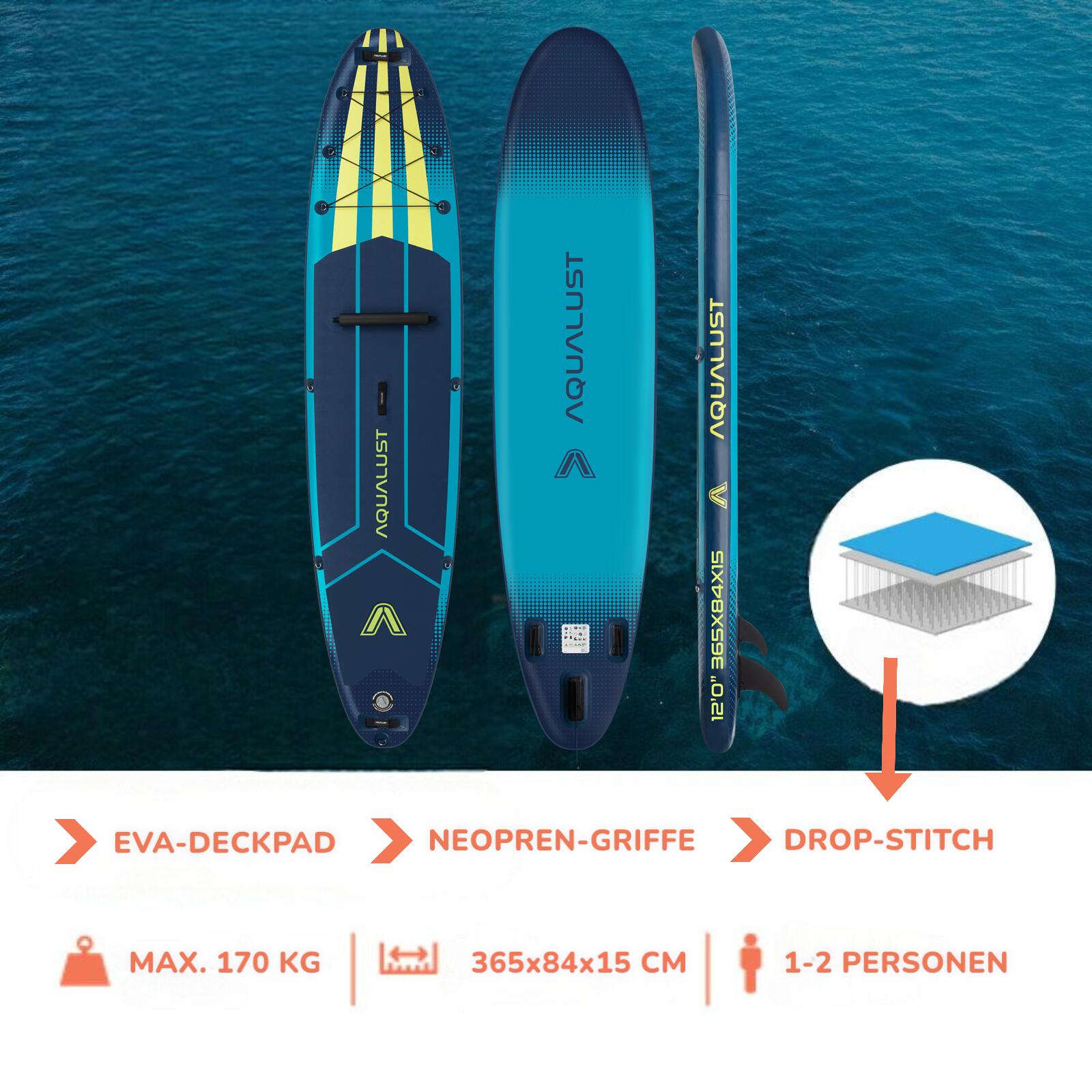 12.0 iSUP Stand Up Paddle Board Set aufblasbar 365cm mit Kajakpaddel 4-teilig 6/10