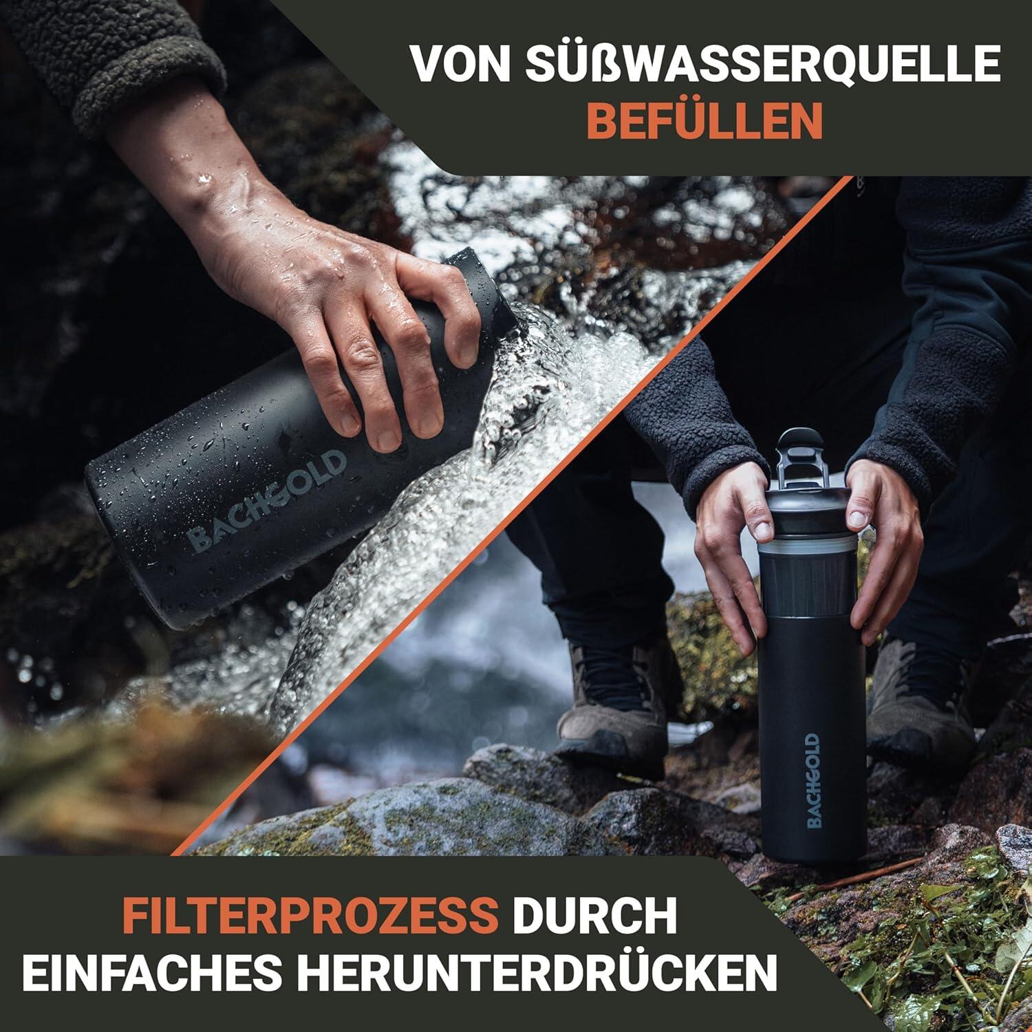 Bachgold® Profi Outdoor Wasserfilter Flasche Schwarz, 500ml 2/8