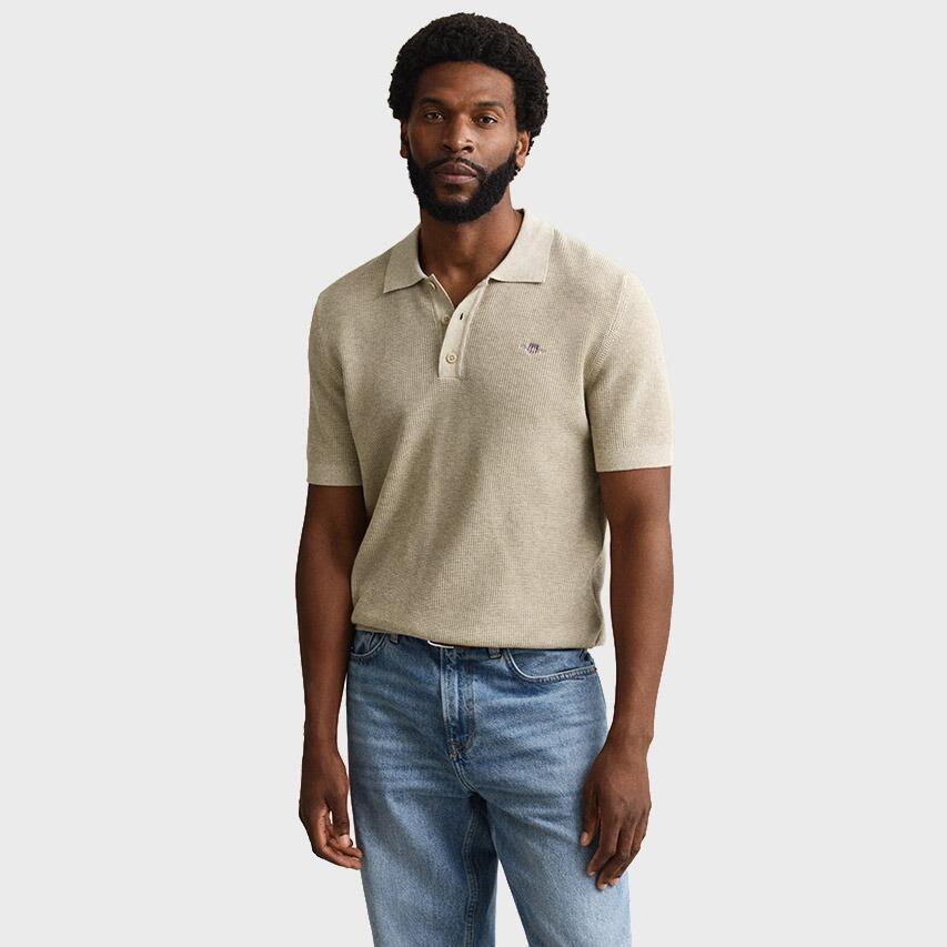 Heren Polo Shirt Textured Cotton Beige 2/6