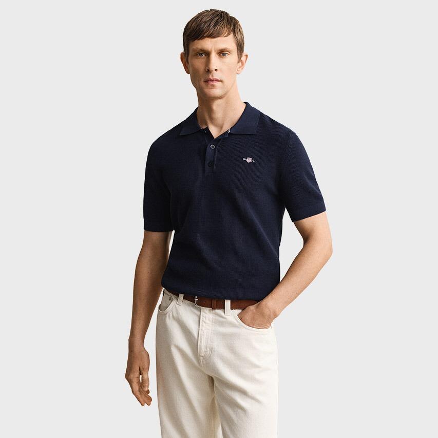 Heren Polo Shirt Textured Cotton Blauw 2/6