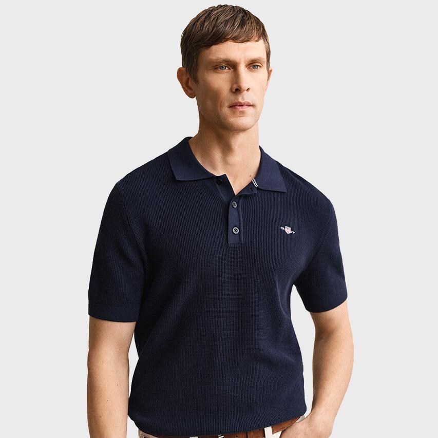 Heren Polo Shirt Textured Cotton Blauw 5/6