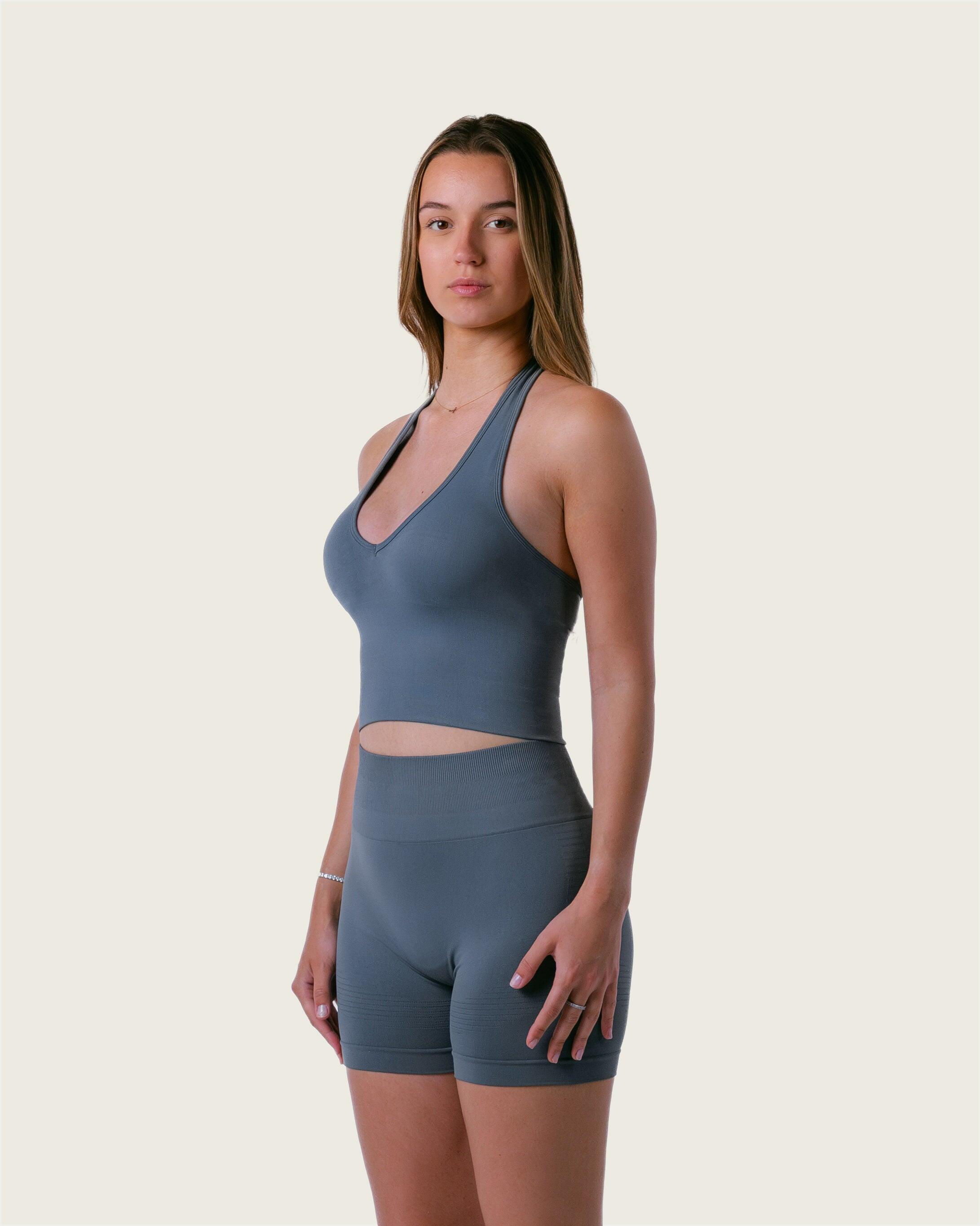 Canotta donna lunga senza cuciture collo americana per gym – grigio 3/5