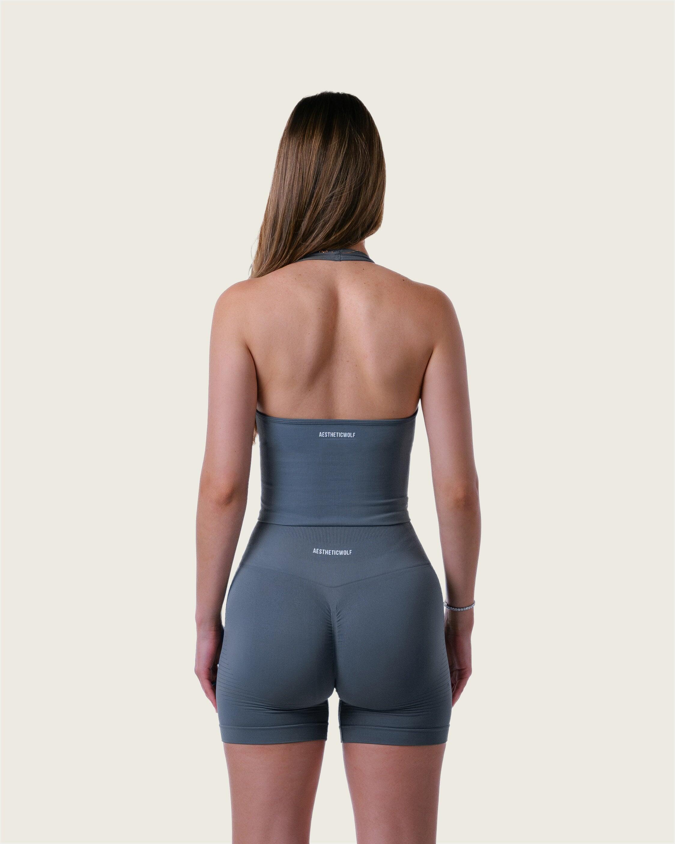 Canotta donna lunga senza cuciture collo americana per gym – grigio 2/5
