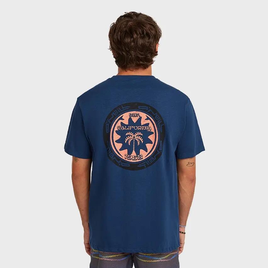 Heren O-hals Shirt Slub Back Print Blauw 3/6