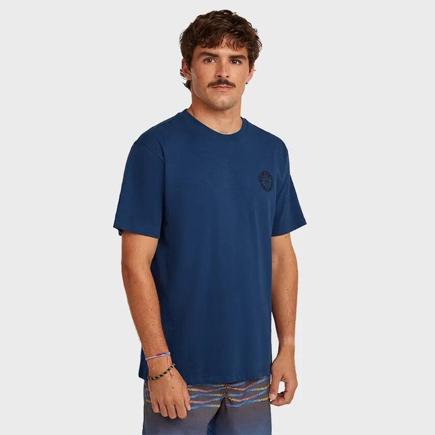 Heren O-hals Shirt Slub Back Print Blauw 2/6