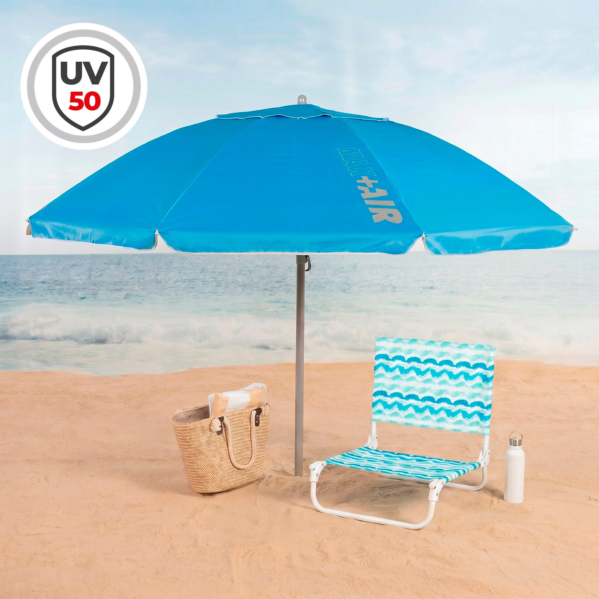 Pack 2 sillas playa bajas fijas, sombrilla 200 cm azul y nevera blanda 15 litros 2/7