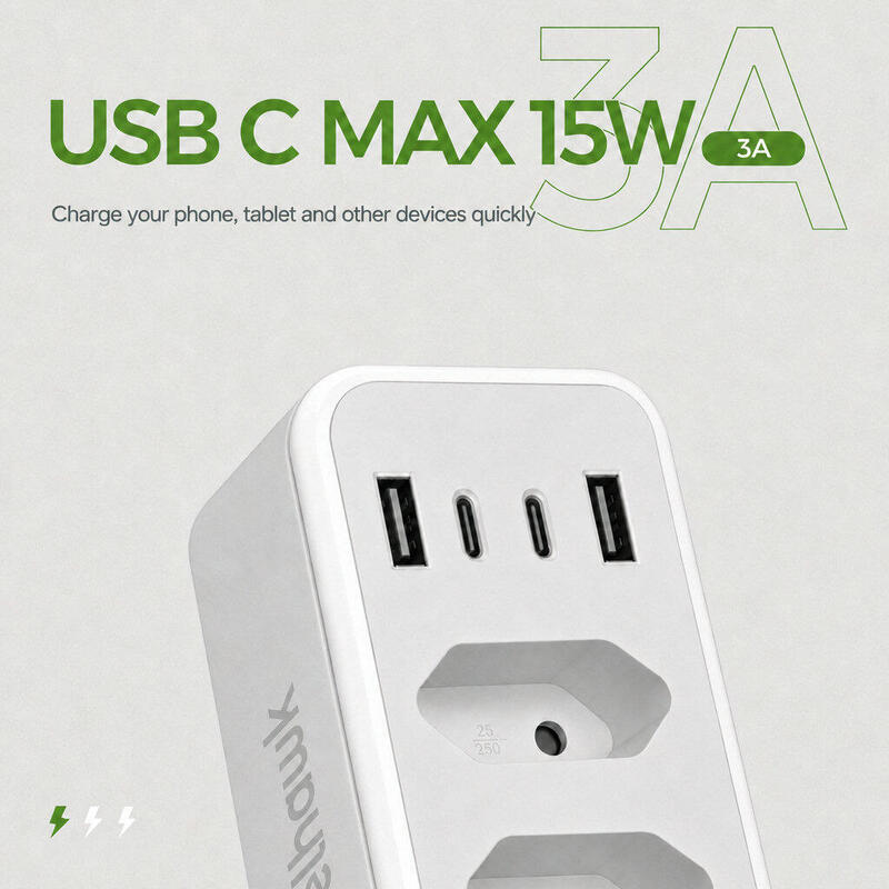 Prelungitor cu USB-C și USB-A – 7 ieșiri – Divizor priză 4000W, alb