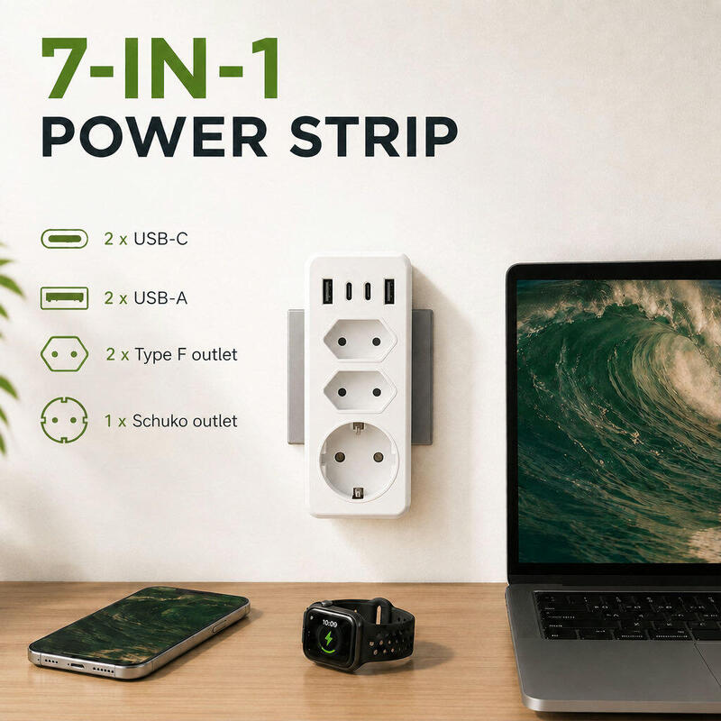 Prelungitor cu USB-C și USB-A – 7 ieșiri – Divizor priză 4000W, alb