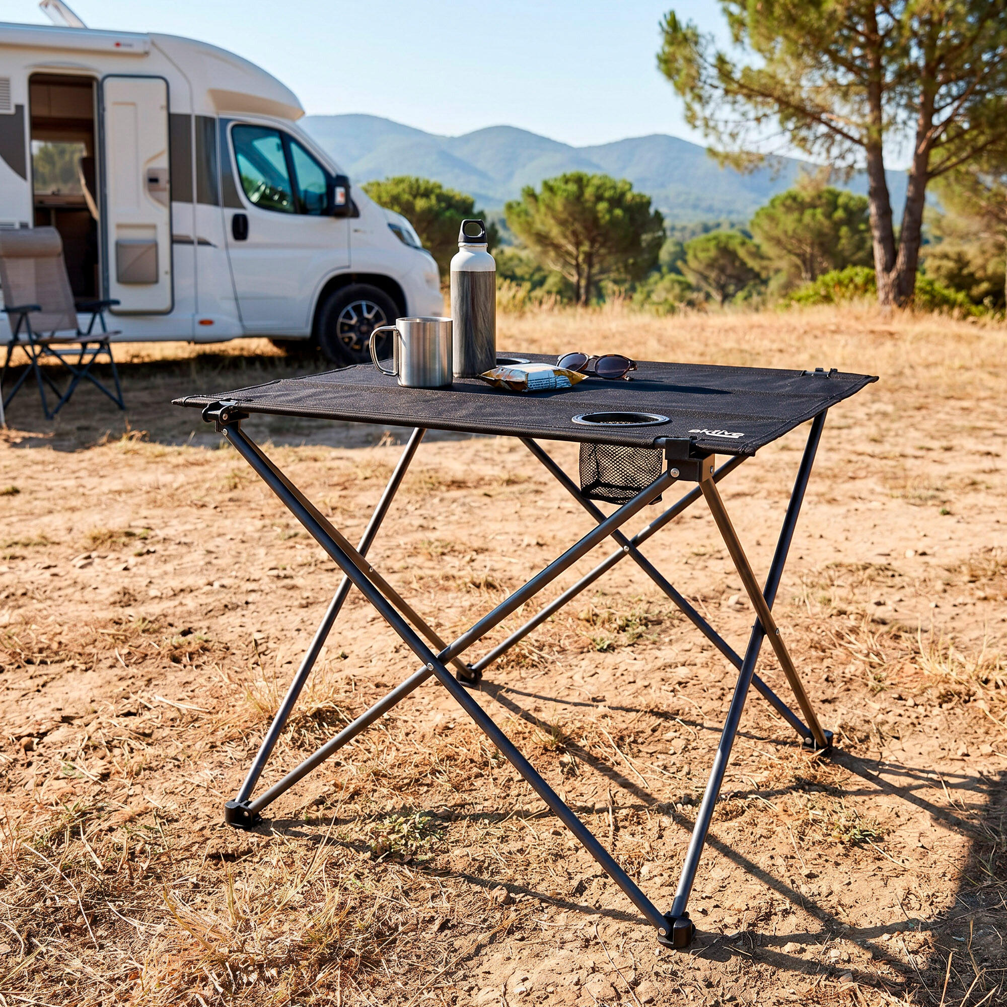 Pack 2 cadeiras de camping listradas de 48x47x82 cm e mesa dobrável 3/7