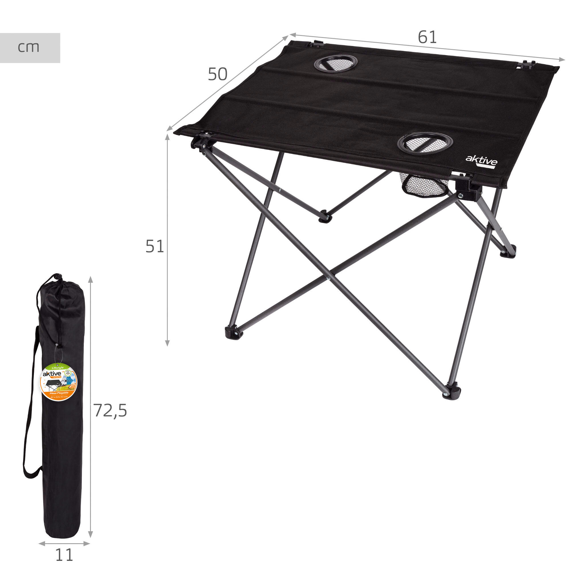 Pack 2 cadeiras de camping listradas de 48x47x82 cm e mesa dobrável 5/7