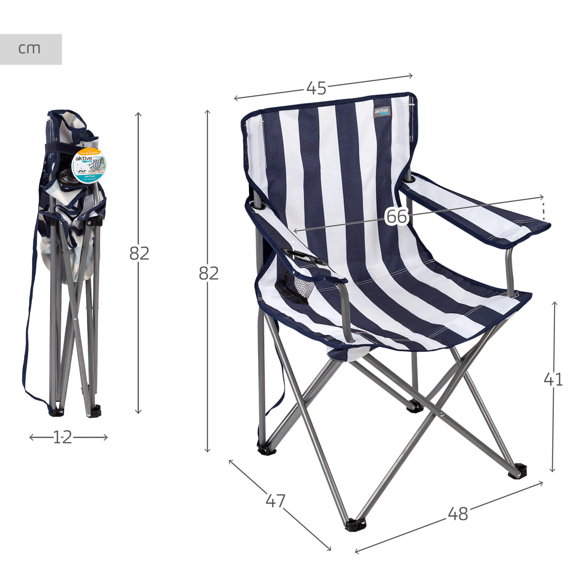 Pack 2 cadeiras de camping listradas de 48x47x82 cm e mesa dobrável 4/7
