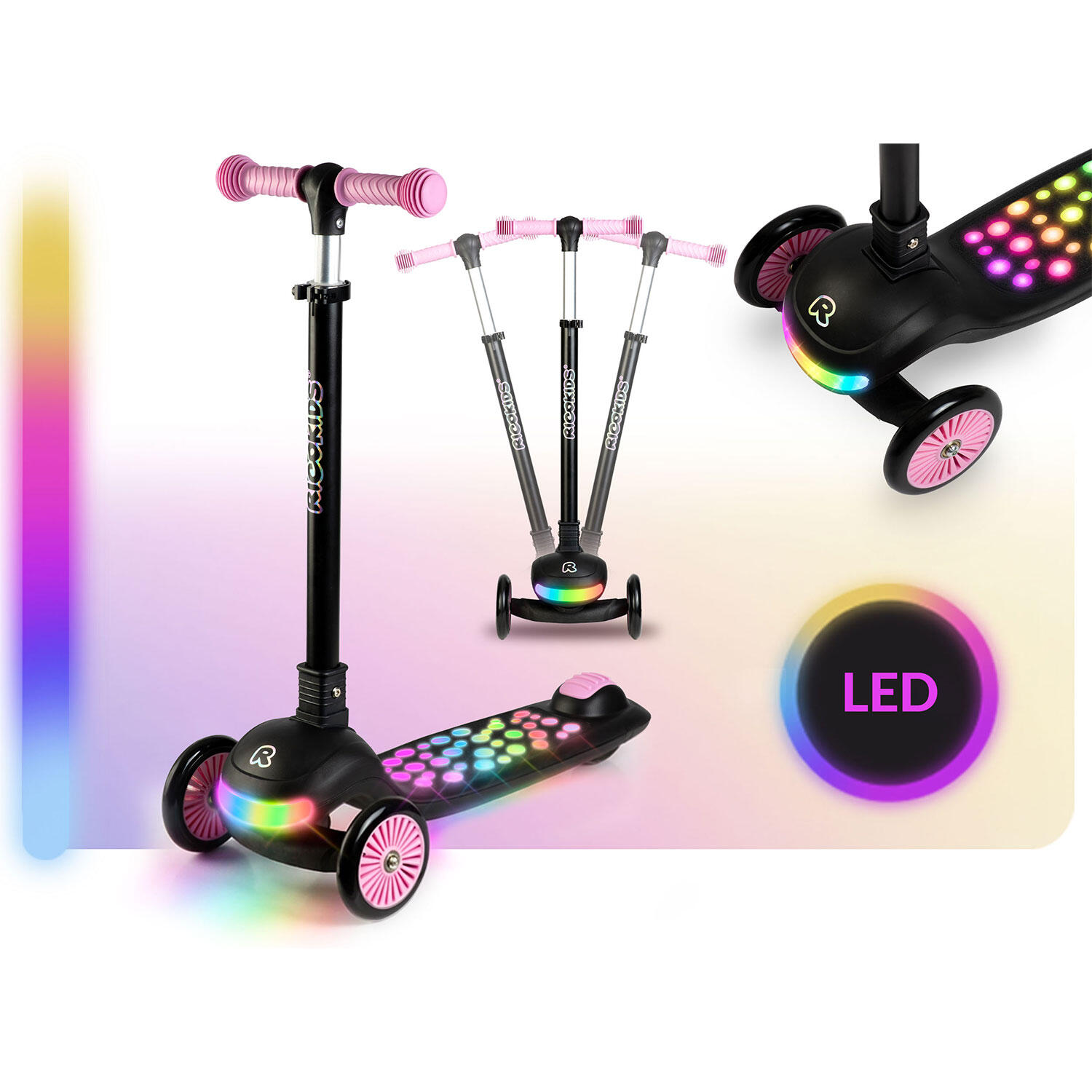 Hulajnoga trójkołowa dla dzieci balansowa LED Ricokids Glowi - czarno-różowa 2/7