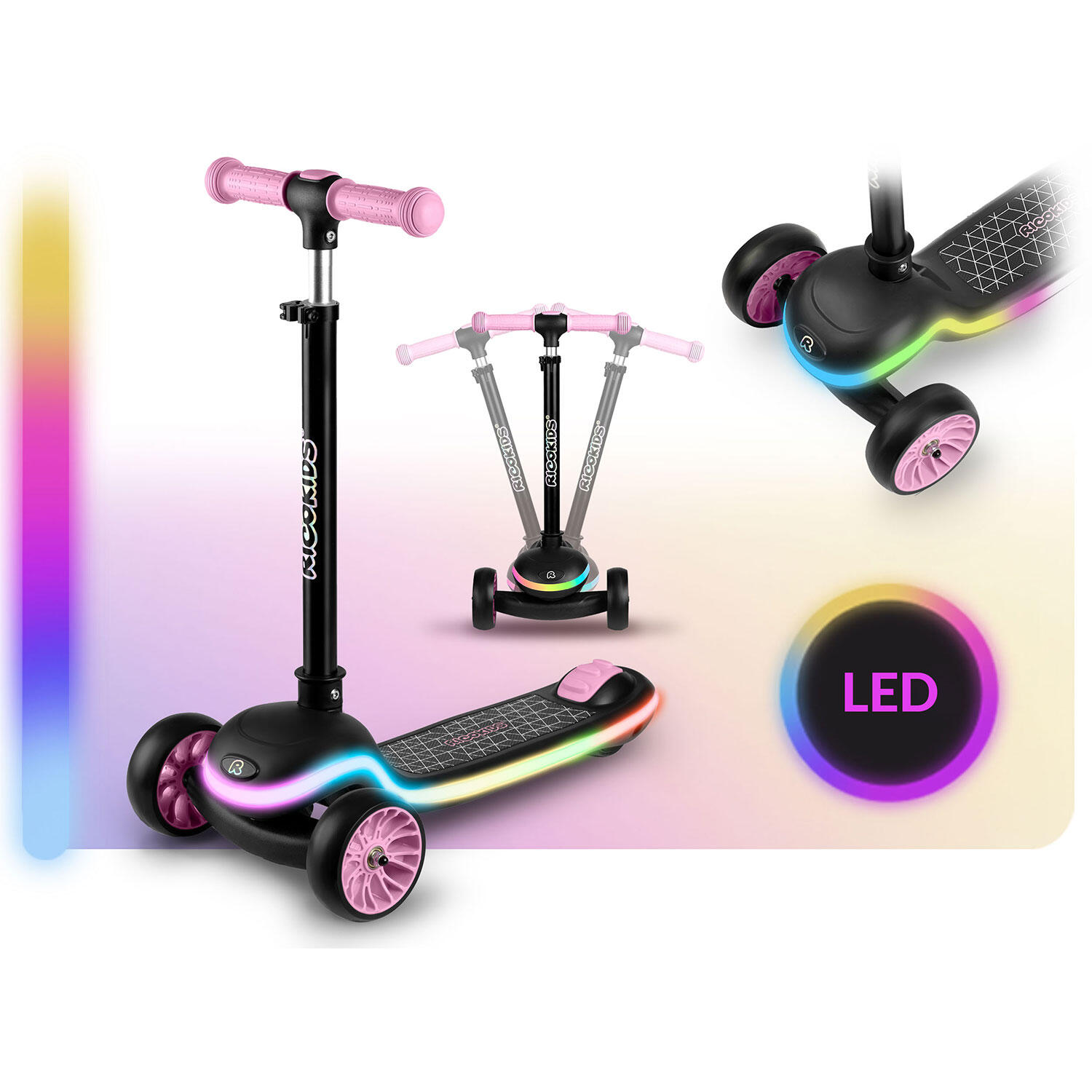 Hulajnoga trójkołowa dla dzieci balansowa LED Ricokids Leddi - czarno-różowa 2/7