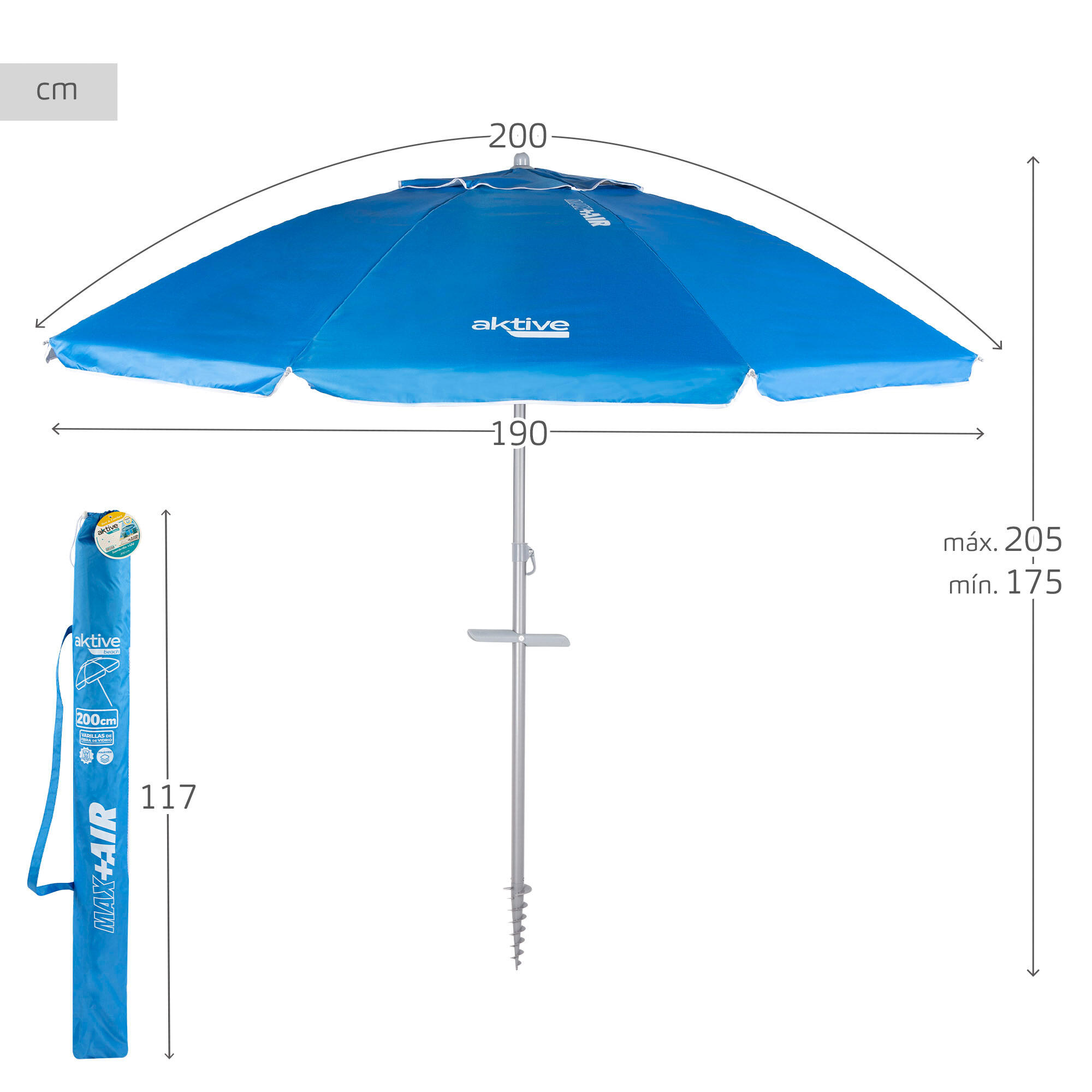 Conjunto com 2 cadeiras de praia azuis, guarda-sol azul e caixa térmica flexível 4/7