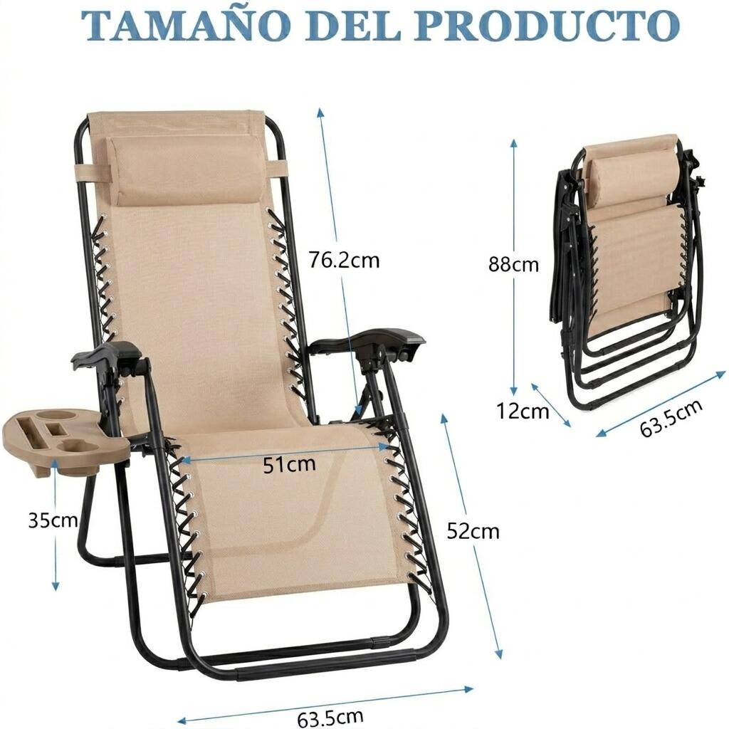 2 Sillas Plegable Camping Tipo Tumbona Multiposición Beige 2/4