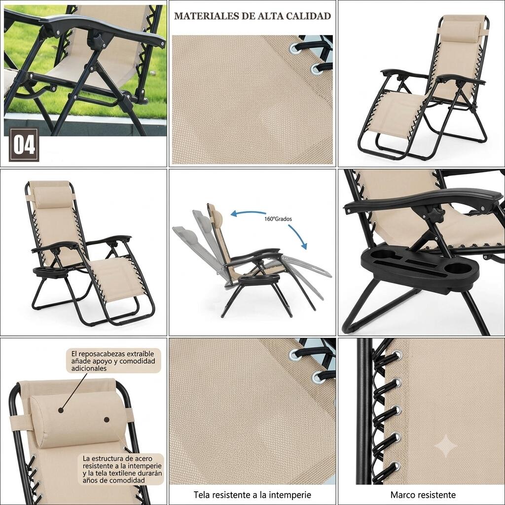 2 Sillas Plegable Camping Tipo Tumbona Multiposición Beige 4/4