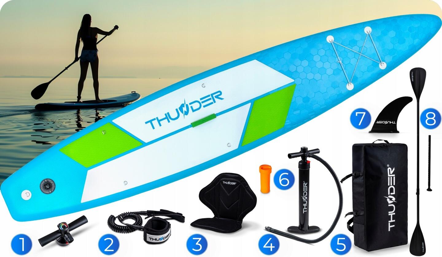 Deska SUP dmuchana 380 cm THUNDER stabilna wytrzymała zestaw wiosło akcesoria 3/8