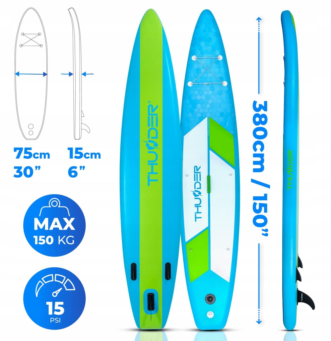 Deska SUP dmuchana 380 cm THUNDER stabilna wytrzymała zestaw wiosło akcesoria 2/8