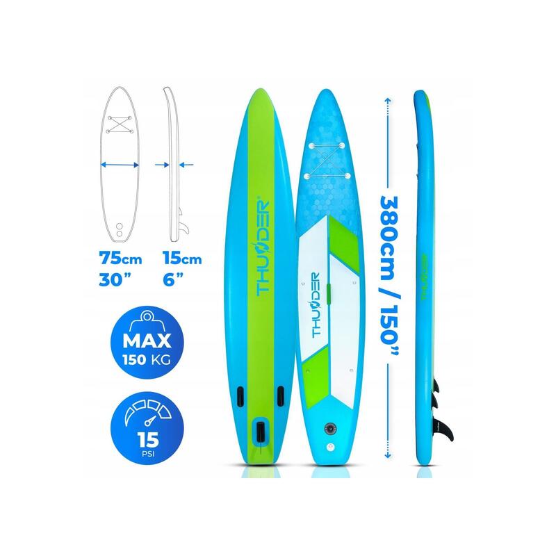 Placă SUP gonflabilă 380 cm THUNDER, stabilă, rezistentă, vâslă, accesorii
