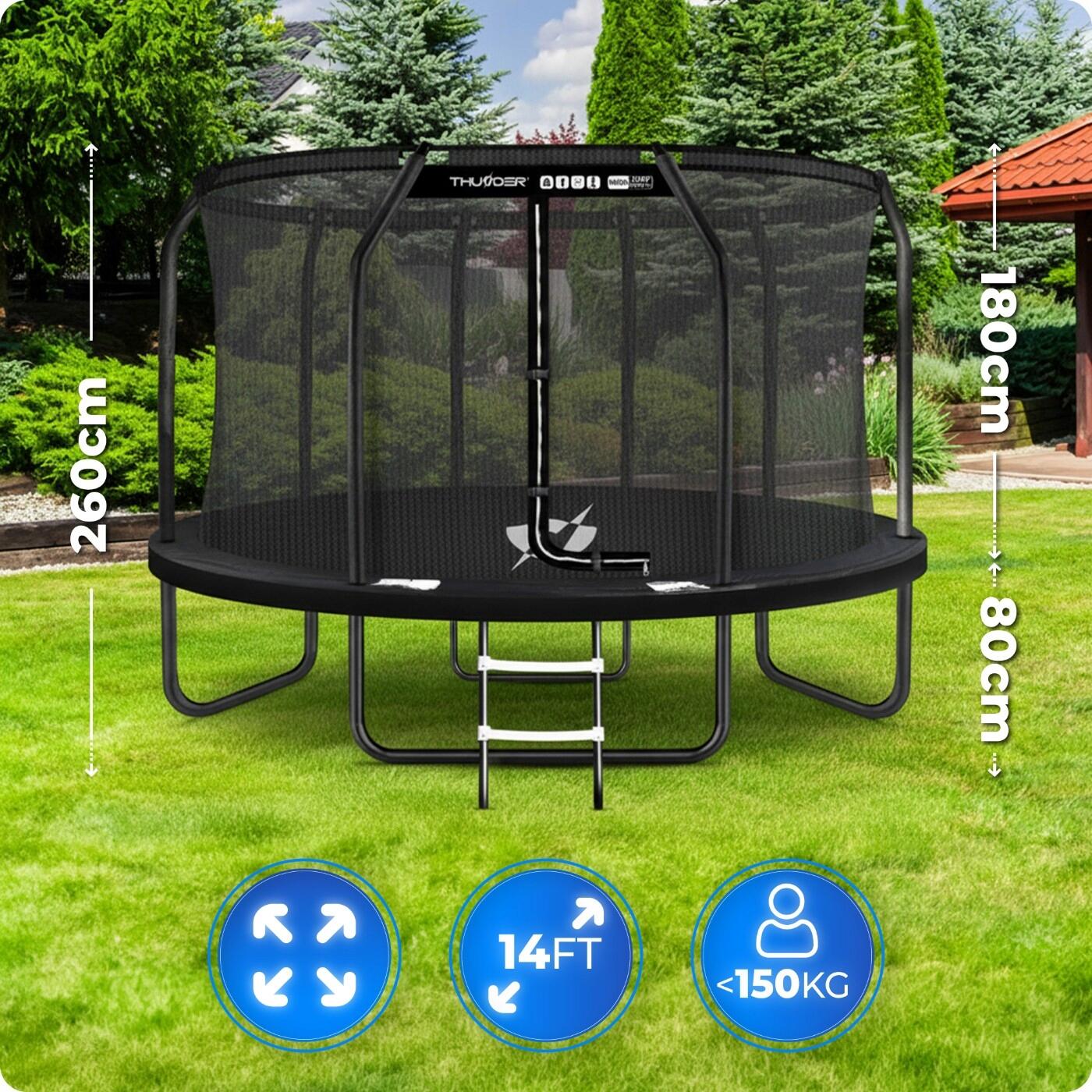 Trampolina ogrodowa 14ft 427cm dla dzieci solidna THUNDER czarna z drabinką 2/8
