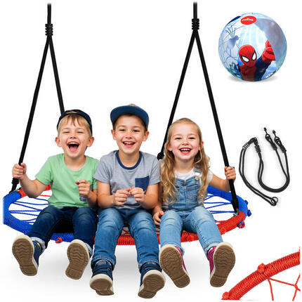 Huśtawka bocianie gniazdo SWINGO 95 cm niebiesko-czerwona + piłka Spiderman