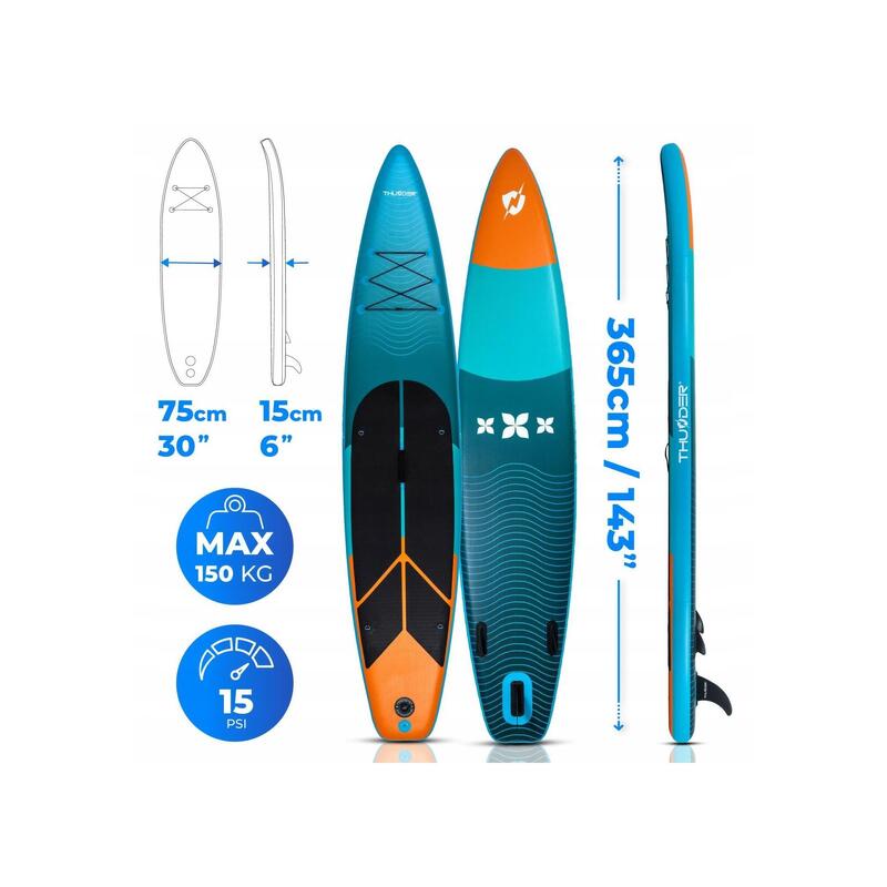 Placă SUP stand up paddle board 365 cm THUNDER gonflabilă rezistentă cu scaun