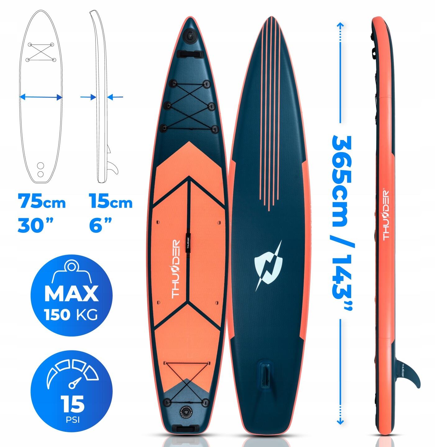 Deska SUP 365 cm pompowana stand up paddle THUNDER profesjonalna zestaw kajakowy