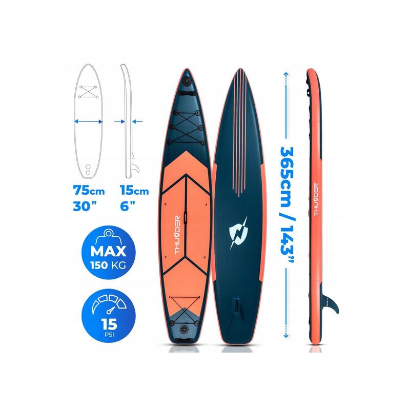 Placă SUP 365 cm gonflabilă stand up paddle THUNDER, set profesional caiac