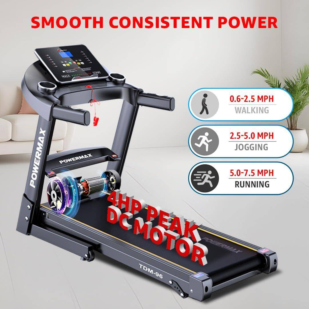 TDM-96 Foldable Treadmill for Home Use, 4HP Peak Motor, Speed 12/kmph, Max User Wt.110kg, Bluetooth & App, By PowerMax Fitness -  5