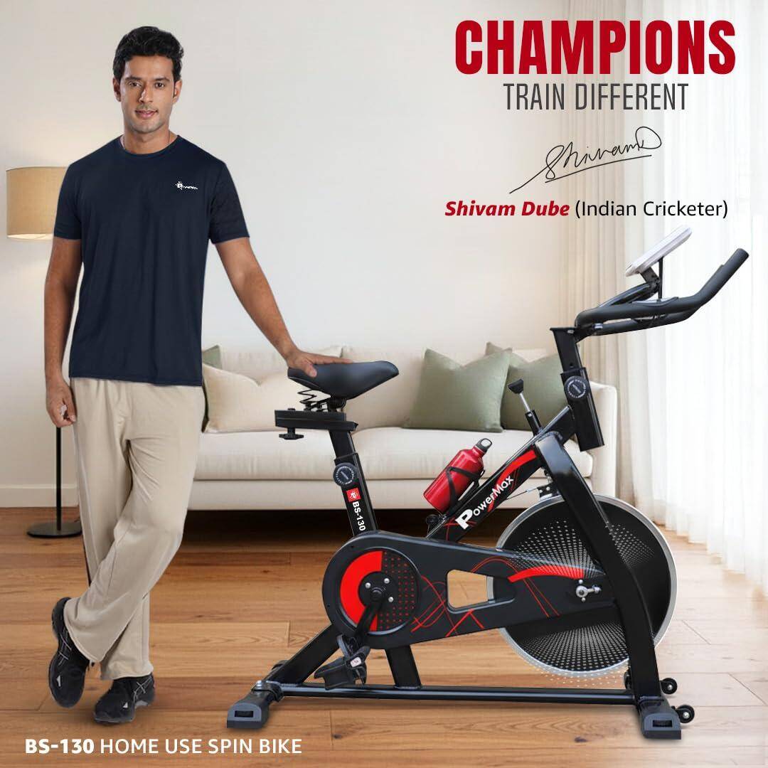 PowerMax Fitness BS-130 Spin Exercise Bike [8Kg Flywheel, Max User Weight 130kg, LCD Display, 3pc Crank, Bottle Holder, Anti-slip Pedals and Comfortable Seat] 1 Year Manufacturer Warranty, Black -  3
