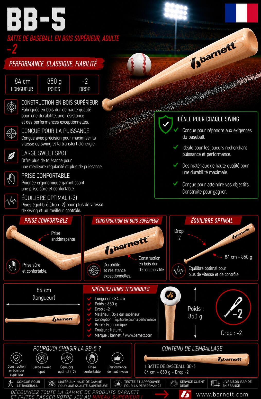 Kij baseballowy drewniany dla dorosłych BB-5 7/7