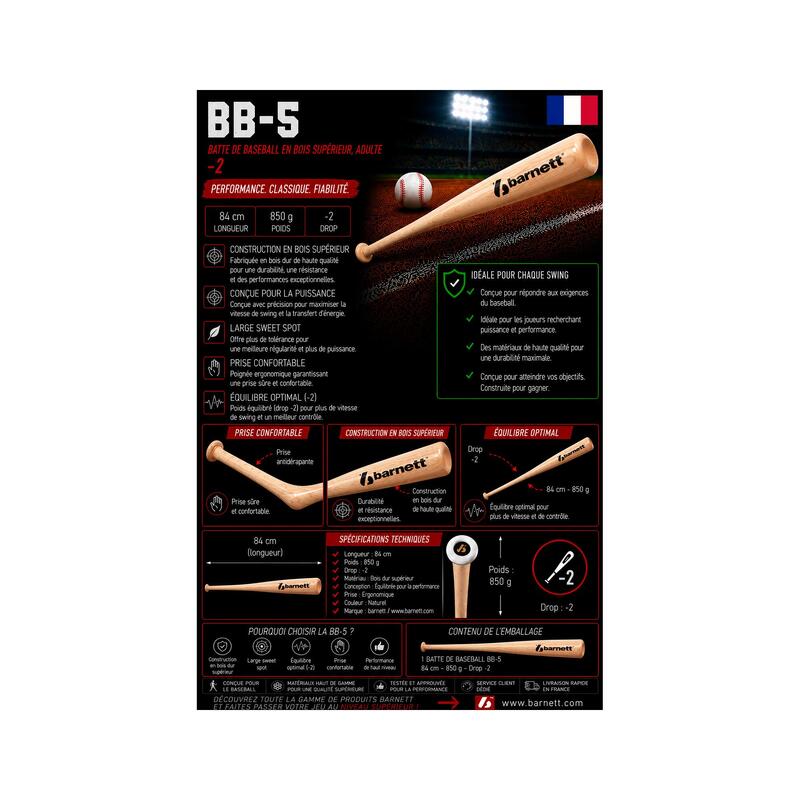  Bâtă de baseball din lemn superioară, BB-5 pentru adulți, 33 inchi