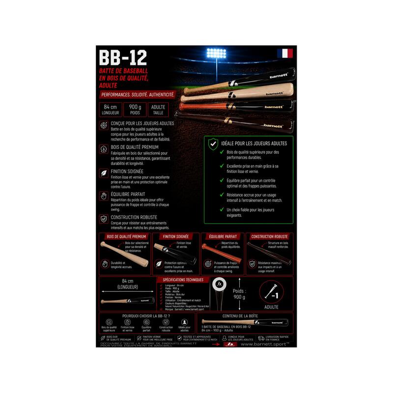  Bâtă de baseball din lemn de calitate pentru adulți BB-12 de 34 inchi