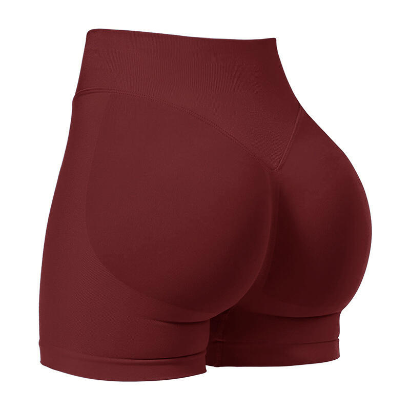 Wine Red High-Elastic Hip Yoga Shorts - Seamless Mid-Intensity Pilates Workout