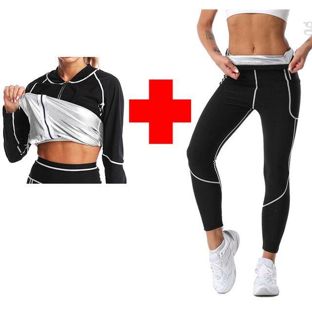 and Silver Women's Workout Sauna Sweat Suit Set: Long Sleeve & Leggings
