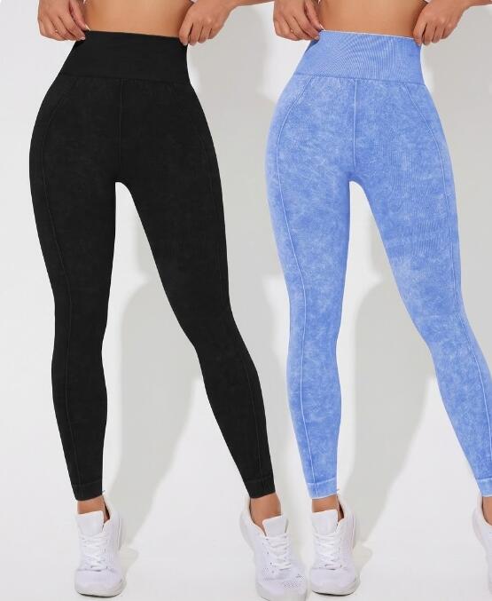 Seamless High Waisted Yoga Leggings 2 PCS Solid Black and Sand Washed Blue Size