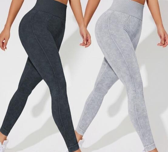 2 PCS Women's High Waisted Seamless Yoga Leggings Washed Black and Light Grey