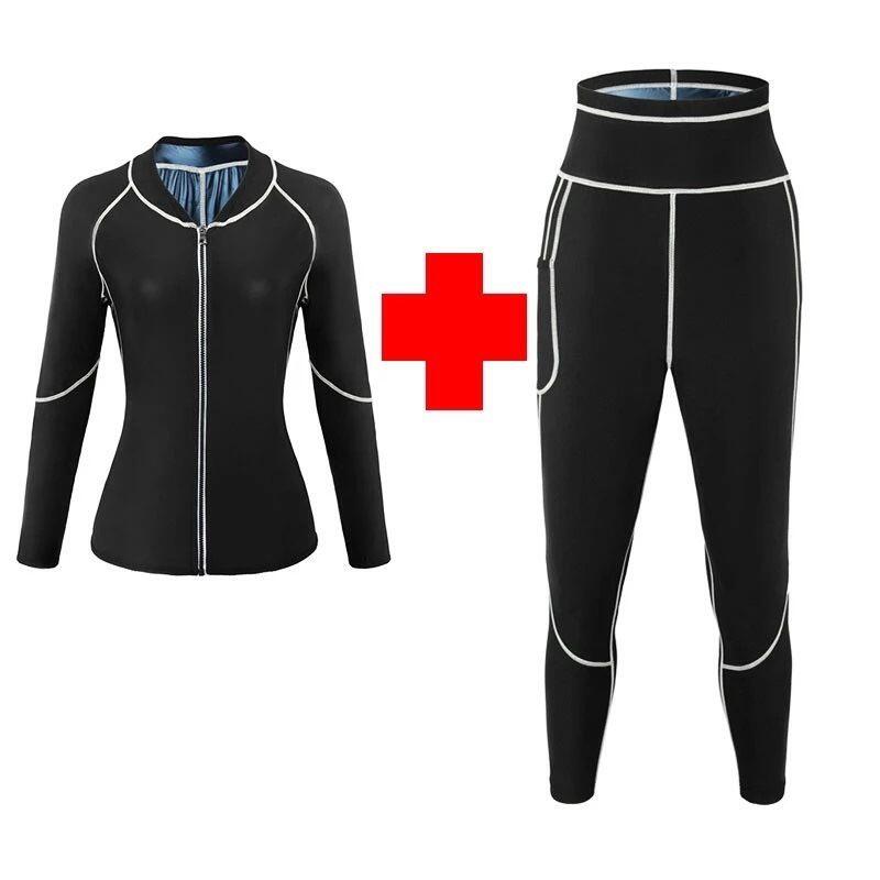 and Blue Women's Workout Sauna Sweat Suit Set: Long Sleeve & Leggings