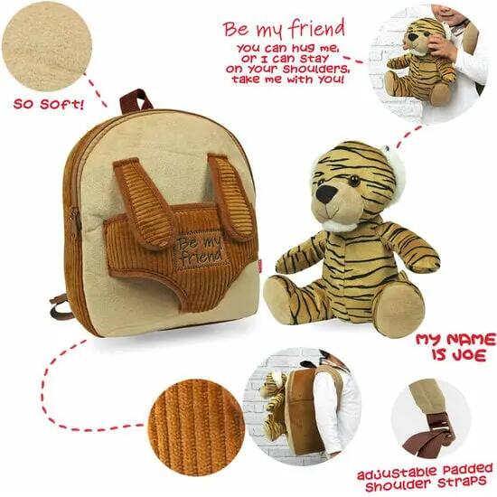 Zainetto per bambini con peluche di tigre Joe, 26 cm, con spallacci regolabili 2/2