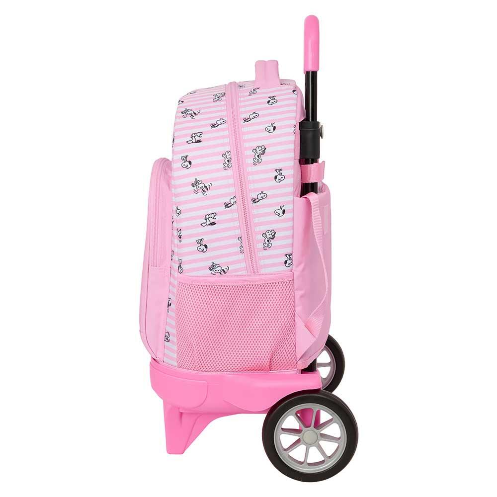 Mochila escolar infantil Snoopy com rodinhas e bolso frontal, rosa. 3/3