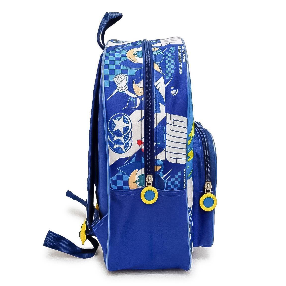 Mochila escolar infantil Sonic em poliéster com bolso frontal, azul. 3/6